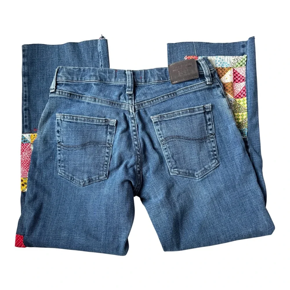 VINTAGE Lee Upcycled Cottagecore Patchwork Quilt Jeans Raw Hem Y2K Reworked 00/0